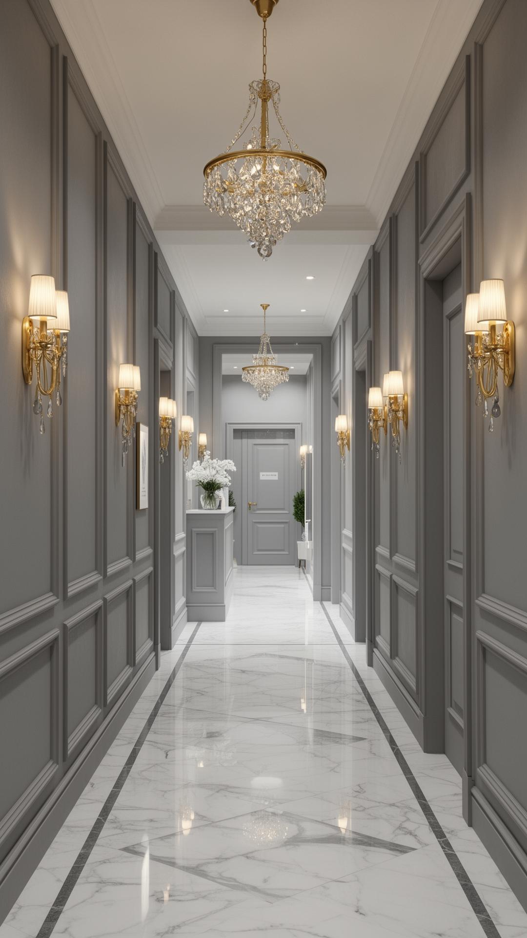 Lorong klinik bergaya elegan dengan chandelier emas dan lantai marmer