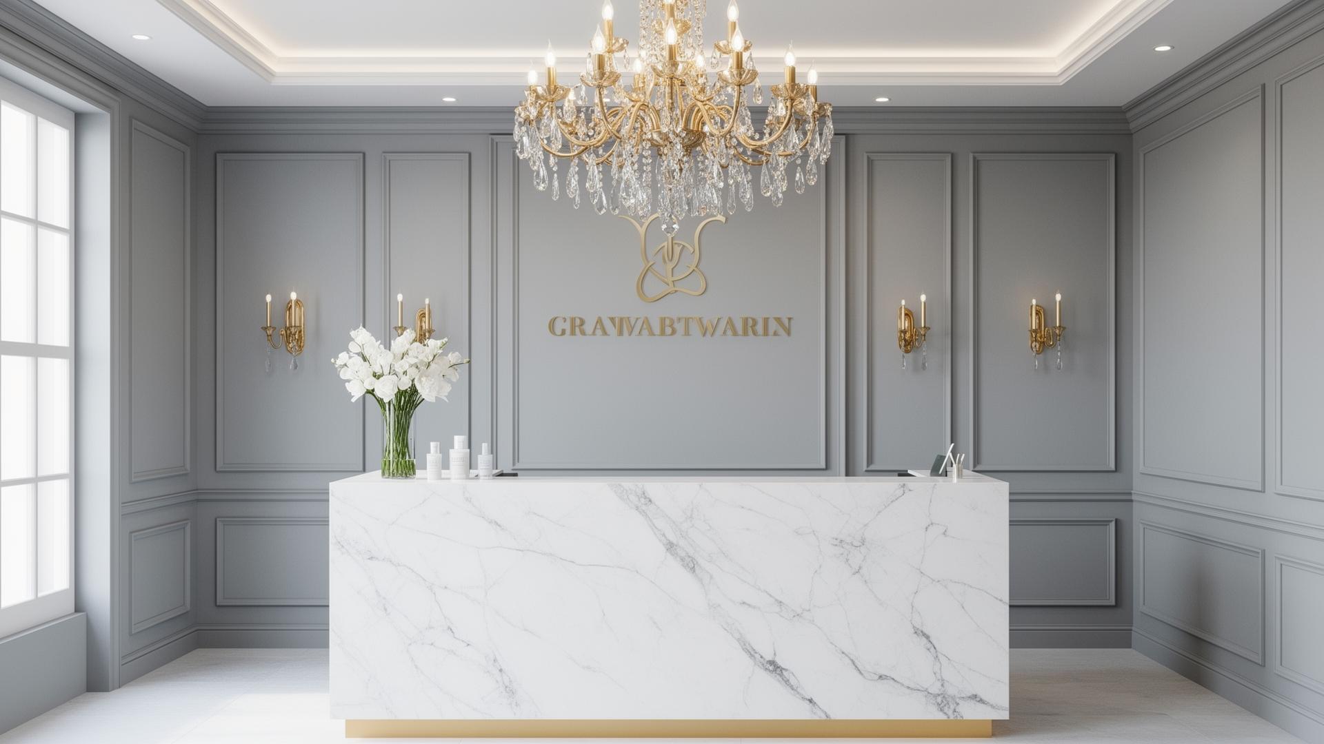 Resepsionis marmer putih dengan aksen emas